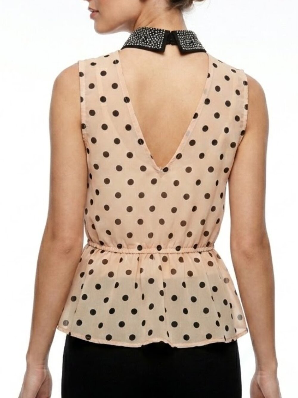Material Girl Indie Sleaze Polka Dot Rhinestone Collar Sheer Peplum Top Size M
